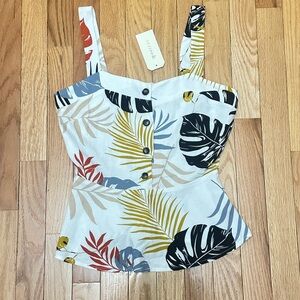 Monteau White Leaf Print Button-Up Blouse